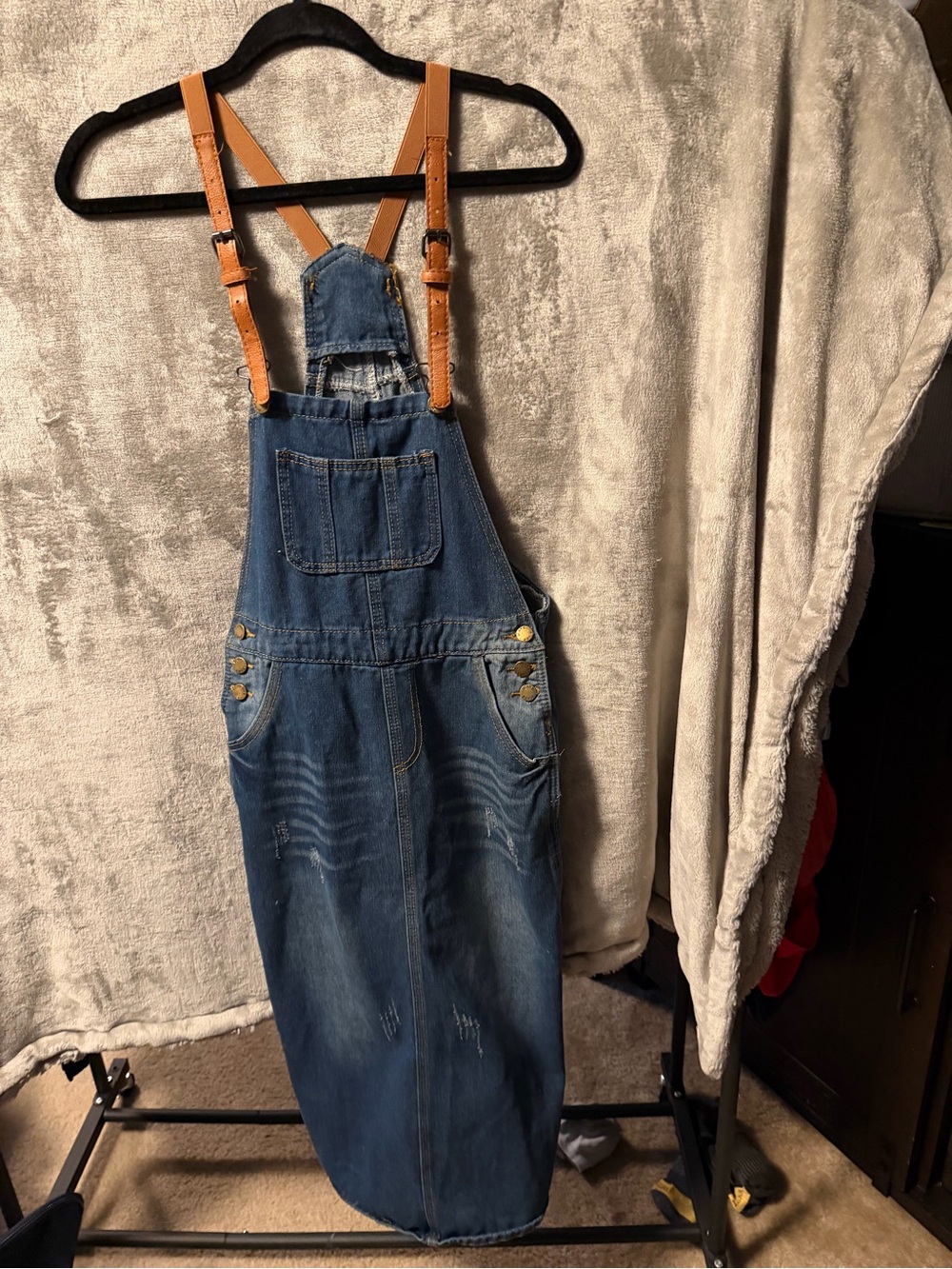 Women’s Denim Maxi Overall Dress with Tan Leather Straps